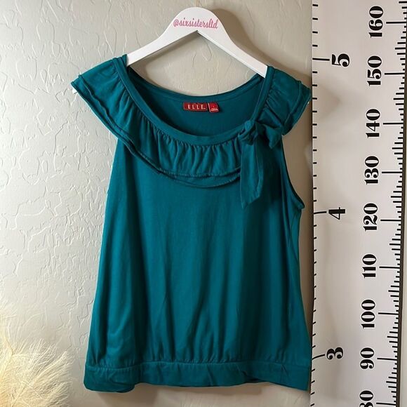 Elle sleeveless blue/green top with ruffled collar and bow. Banded hemline. SZ L - Picture 2 of 12